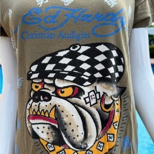 Ed Hardy Olive Graphic Tee with Bulldog Design